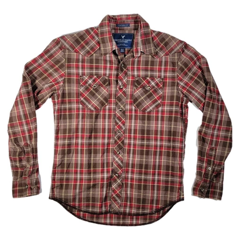 American Eagle Pearl Snap Plaid Western Shirt Men M Vintage Fit Brown Red Cotton